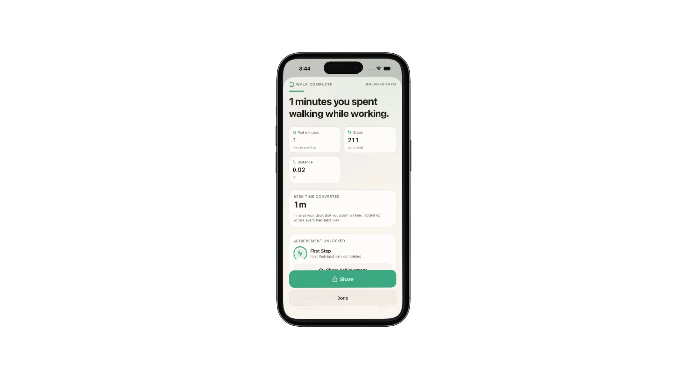 Deskwalk app summary screen showing walking stats